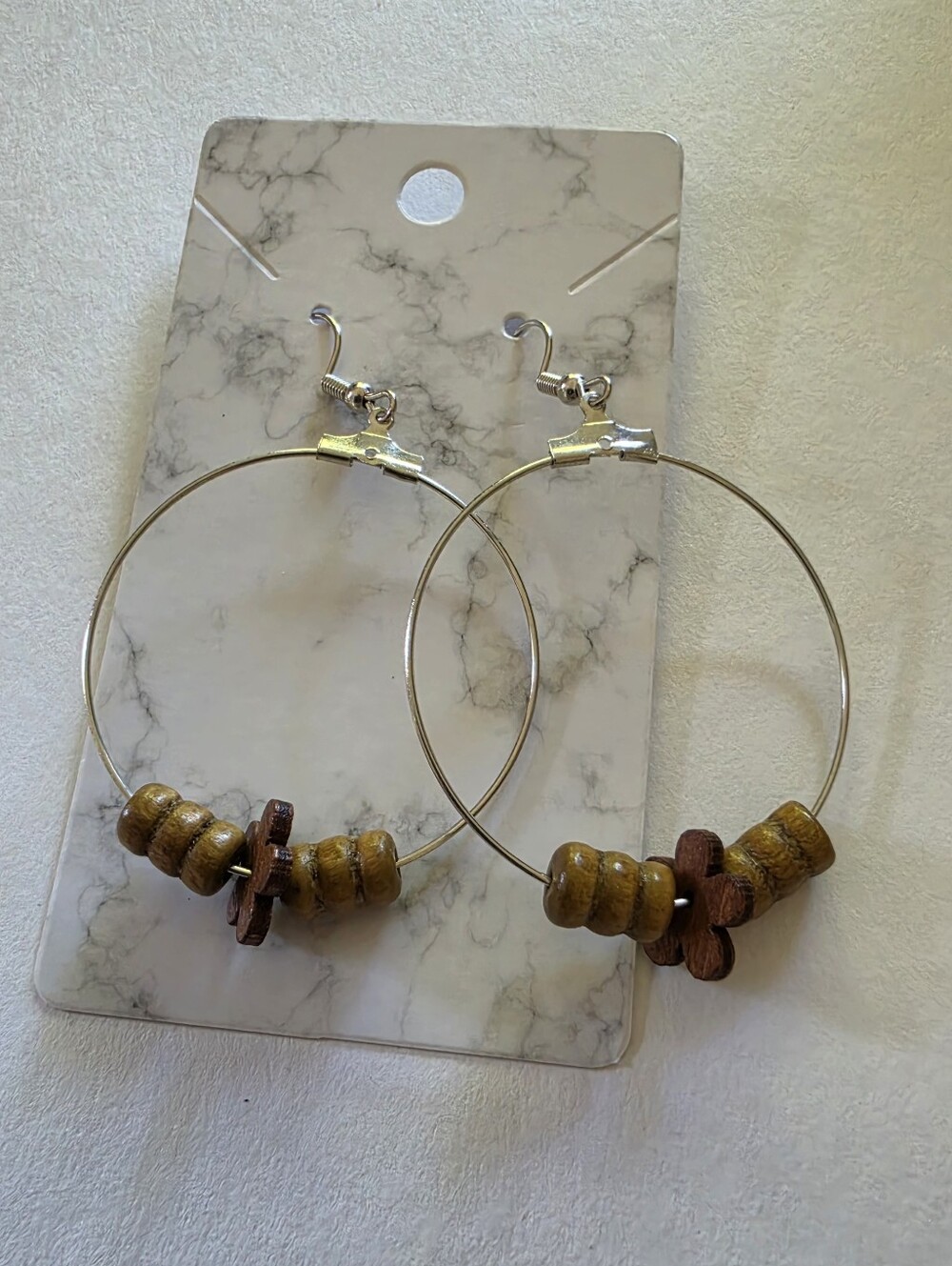 Silver Brown Wooden Bead Hoop Earrings
